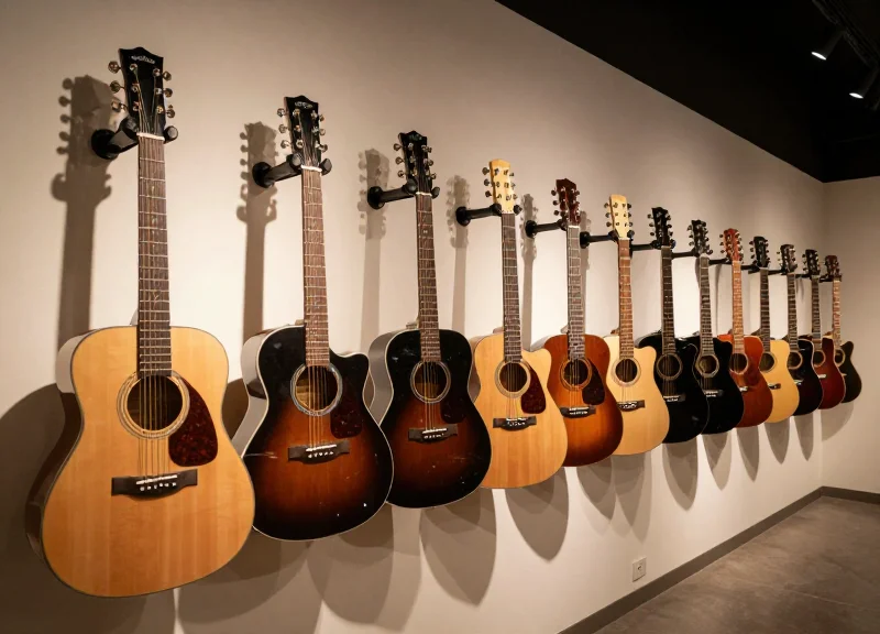 Modern music store display featuring high-end instruments secured with discreet lanyard tags.