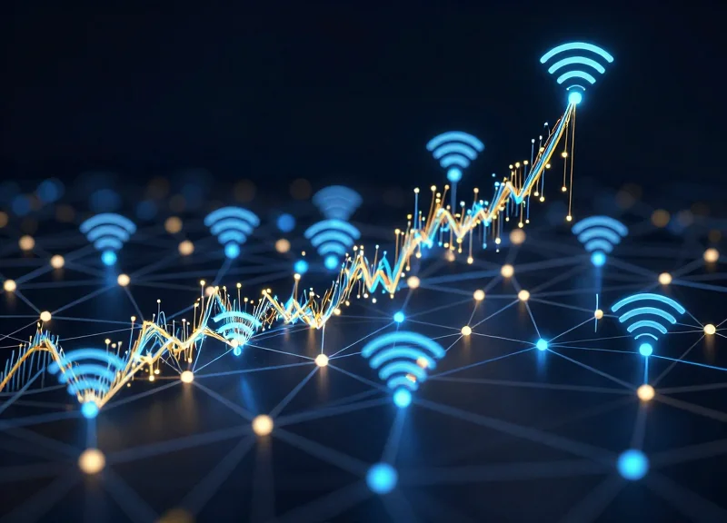 Abstract digital nodes representing RFID signals connecting retail inventory.