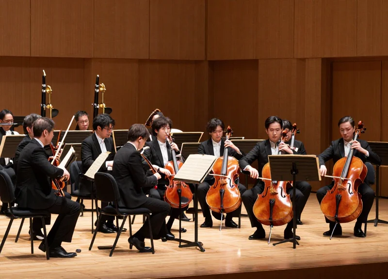 A cinematic wide shot of a professional symphony orchestra stage with various high-value instruments and music stands under warm stage lighting.