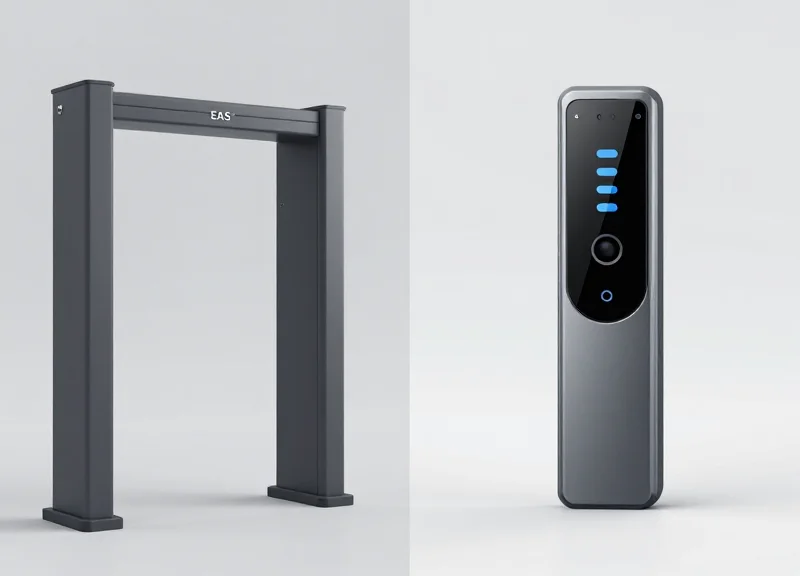 A split-screen comparison showing a traditional bulky security gate on one side and a sleek, modern RFID sensor on the other.