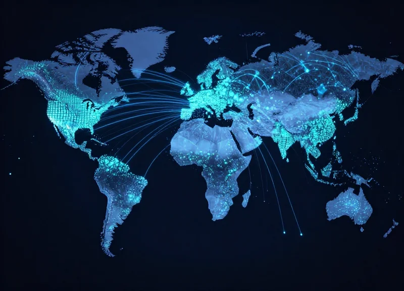 Abstract global map with glowing data trails representing real-time instrument tracking for a touring orchestra.