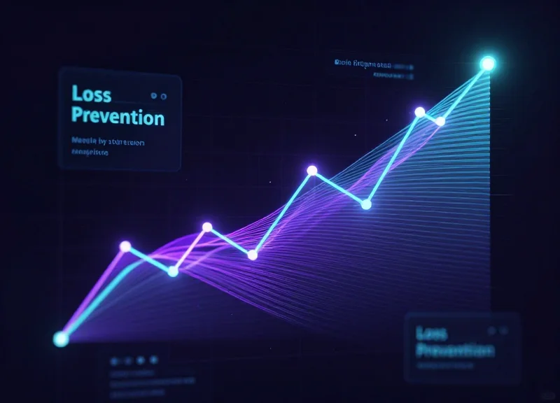 Abstract visualization of loss prevention data analytics with glowing light nodes and futuristic data streams.
