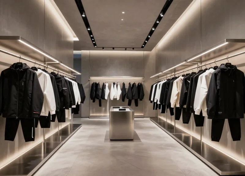 A high-end minimalist sports clothing boutique with luxury apparel on display under soft cinematic lighting.