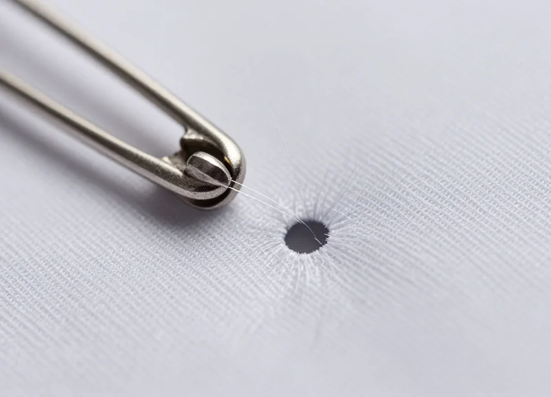A close-up view of traditional security pins causing damage to delicate athletic fabric.
