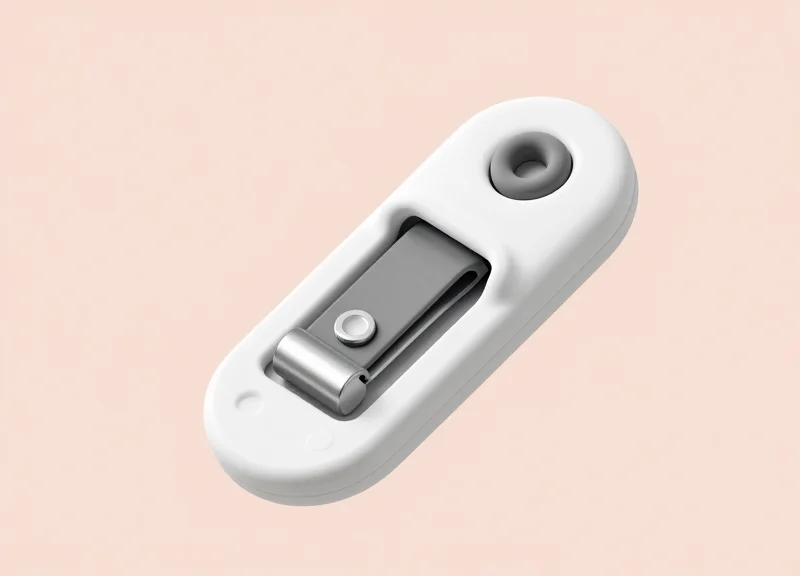 An isometric 3D model showing the internal locking components of a modern non-damaging EAS tag.