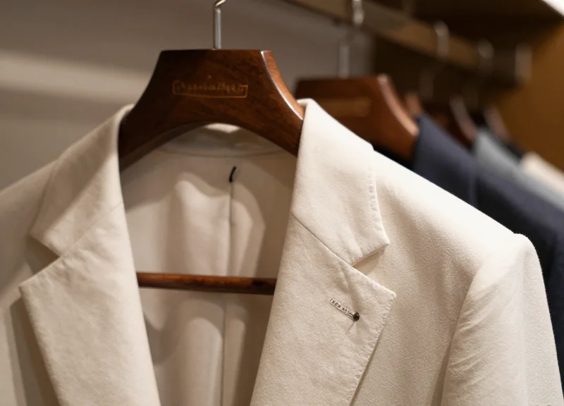 A discreet micro-sensor attached to a luxury garment in a premium shop