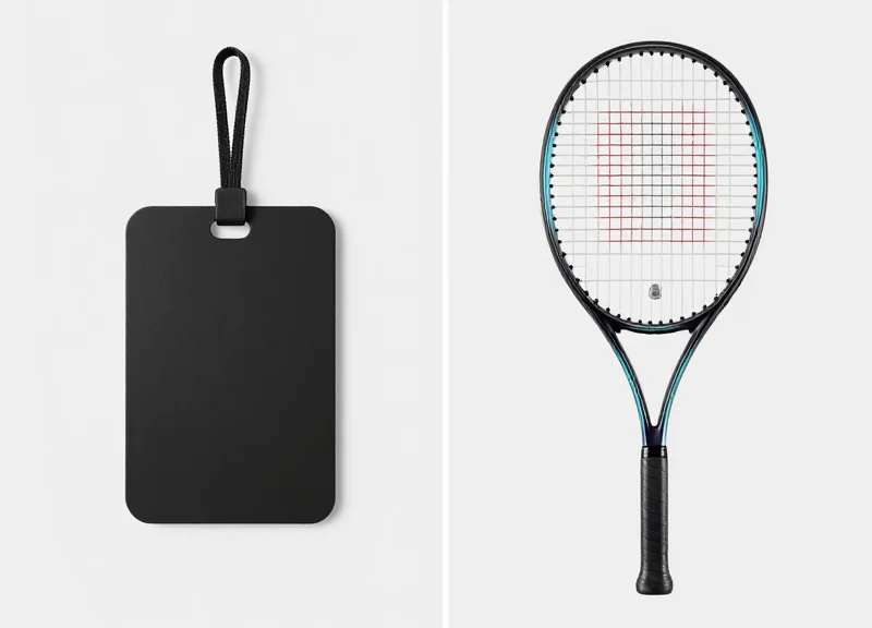 A side-by-side comparison showing a bulky hard tag versus a slim lanyard tag attached to a sports racket.