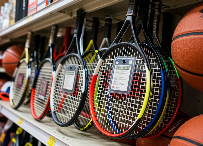 Close-up of traditional security tags on sports equipment highlighting the need for modernization.