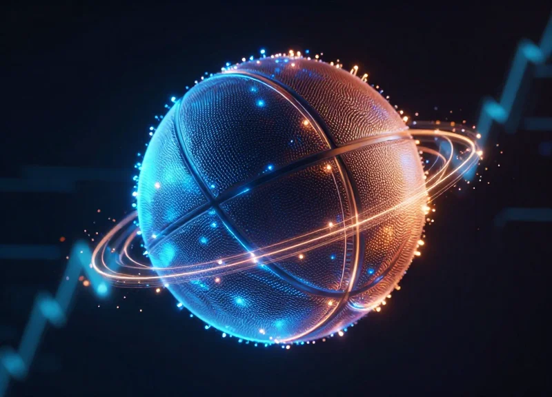 Abstract visualization of real-time data tracking for a basketball using glowing light trails.
