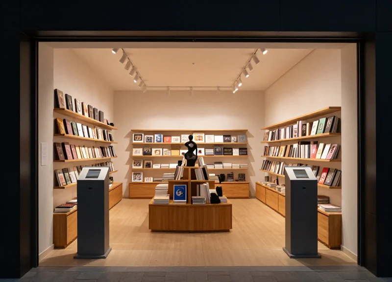 A sophisticated museum gift shop interior with discreet security pedestals at the entrance.