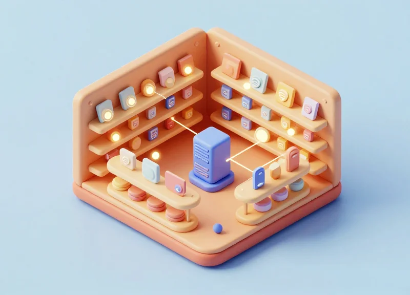 Isometric view of a museum inventory system showing glowing RFID tags on gift shop items.