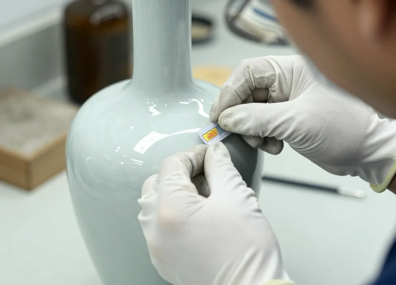 A conservator's hands in white gloves applying a small label to a ceramic vase.
