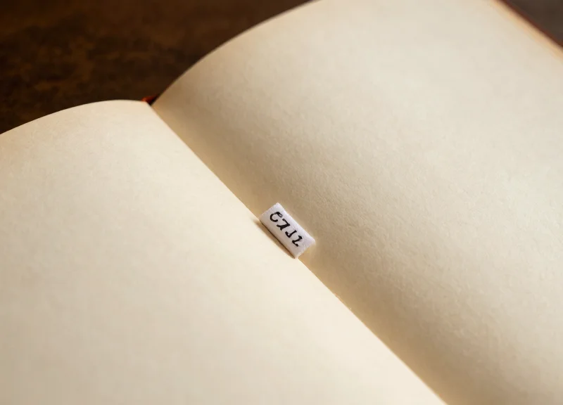 A historical manuscript with a discreet security tag visible on its edge.
