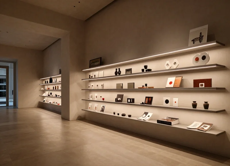 A high-end modern museum gift shop with minimalist design and artistic products on display.