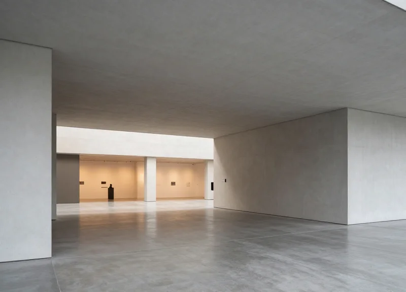 An architectural view of a wide museum entrance with hidden security sensors in the ceiling and floor.