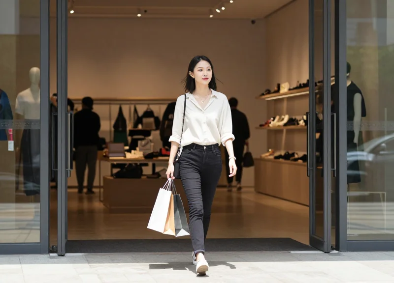 A visitor walking out of an open-concept museum shop with a bag, illustrating a frictionless journey.