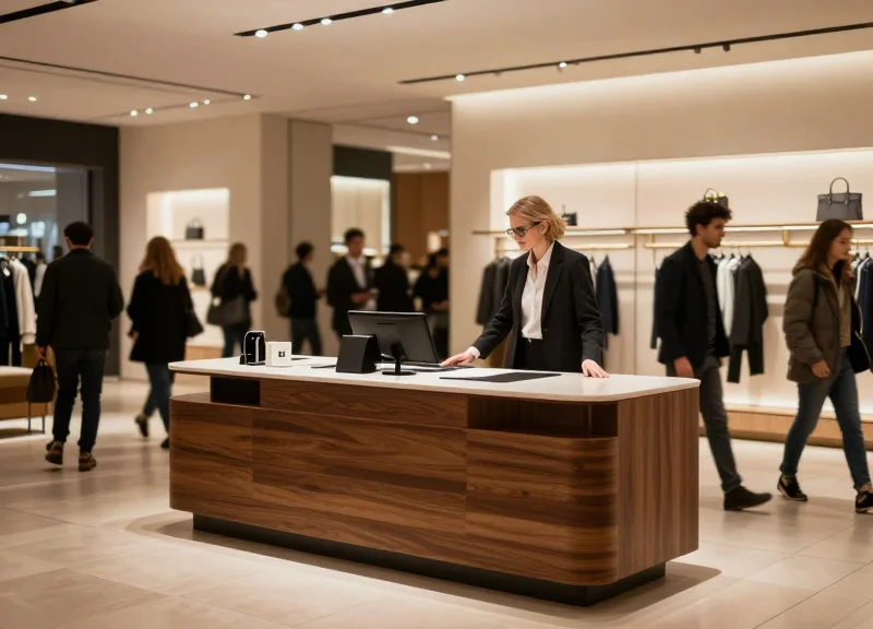 A busy high-end clothing store during a holiday sale with shoppers in the background and a modern checkout counter.