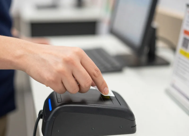 Close-up of a cashier's hand swiping a garment over a security deactivator quickly at a checkout counter.