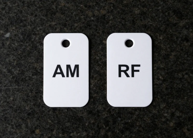 Side-by-side comparison of an AM security tag and an RF security tag on a dark professional surface.