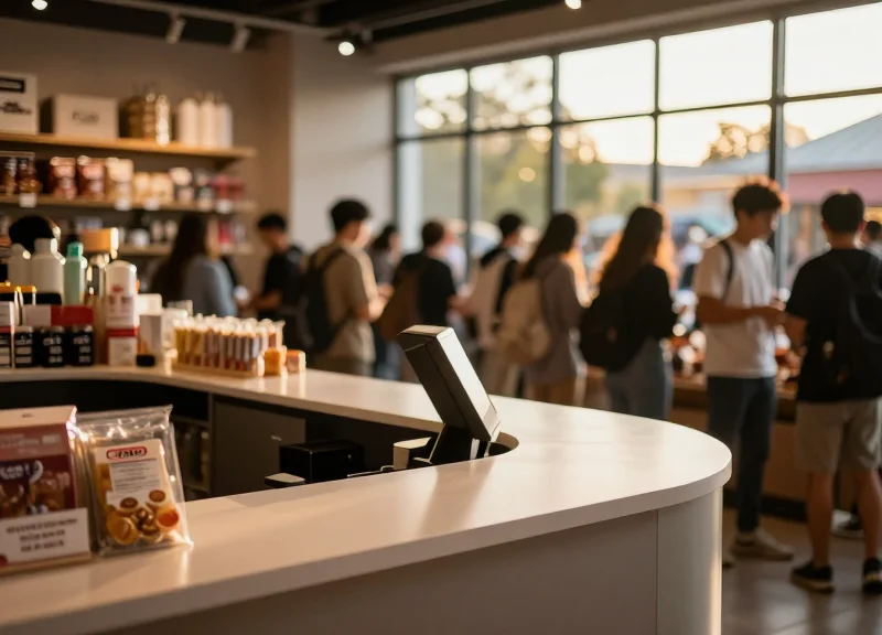 A bustling, high-volume retail gift shop environment in a theme park setting.