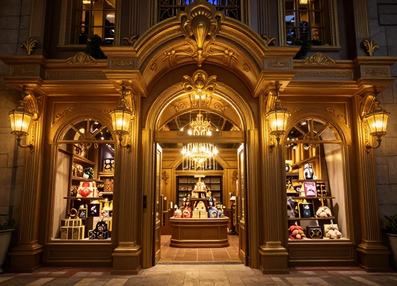 A luxurious themed retail store with immersive fantasy decor and a wide, open entrance without any visible security gates.