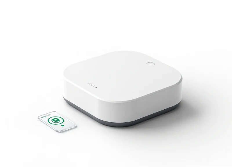 A sleek, modern RFID pedestal and a high-tech retail tag on a pure white background.
