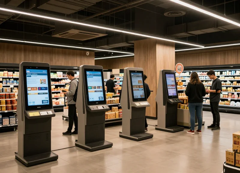 A modern futuristic staff-less grocery store with digital payment kiosks and customers shopping in a high-tech environment.