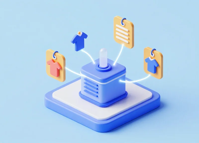 Isometric 3D model showing RFID tags attached to retail items connected to a central data cloud.