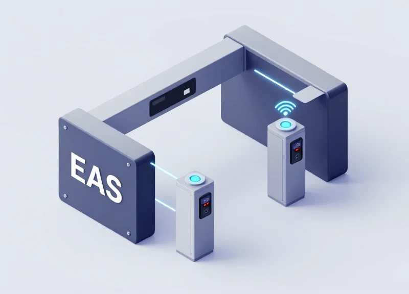 A conceptual 3D model of a hybrid security gate integrating both RFID and EAS technology at a store exit.