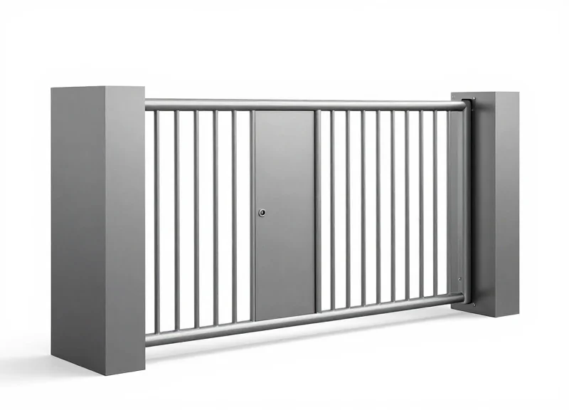 A professional studio shot of a sleek, minimalist security gate for unmanned retail store entrances.