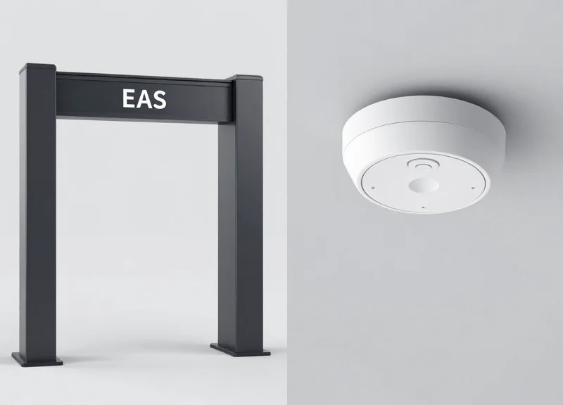 Comparison between a traditional EAS security gate and a modern overhead sensor.