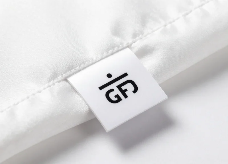 A high-quality RFID garment tag attached to a luxury fabric sleeve.