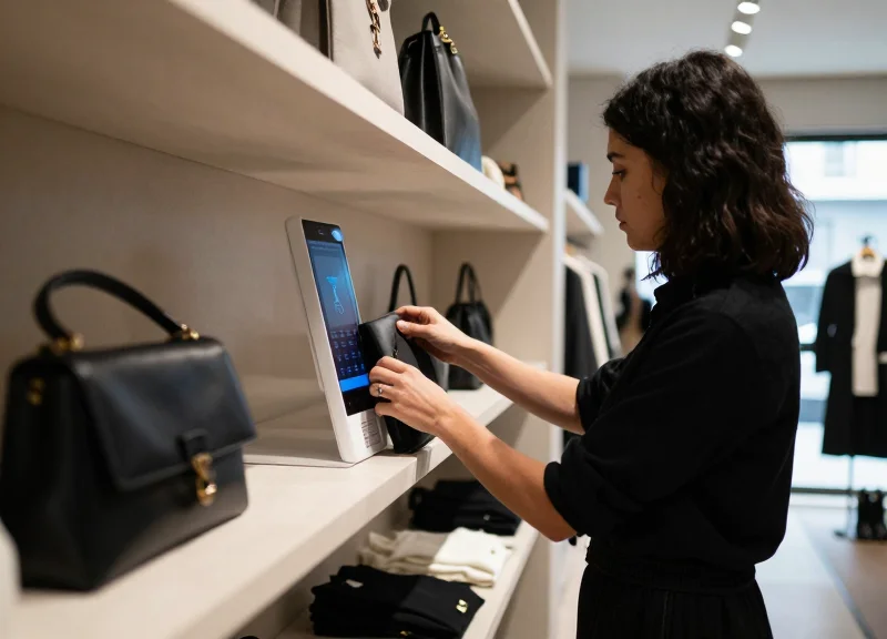 A customer smoothly checking out in an unmanned boutique using automated technology.