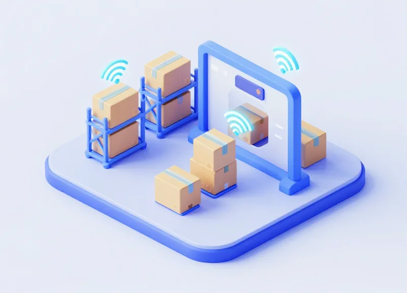 An isometric 3D illustration showing a warehouse scanning portal with boxes moving through and glowing waves representing RFID signals.
