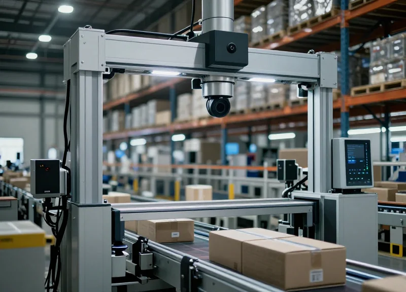 A photorealistic shot of a modern industrial vision recognition gate with cameras on a conveyor belt system.