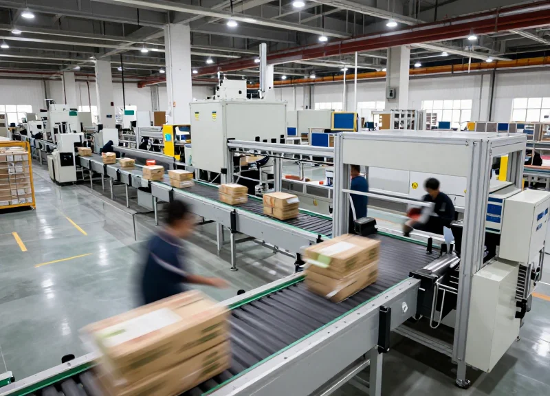 High-speed conveyor system in a large distribution center showing high-volume package movement.