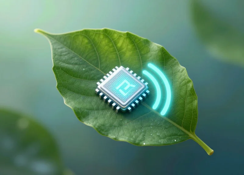 Conceptual art showing a digital RFID chip merging with a green leaf to symbolize circular economy.