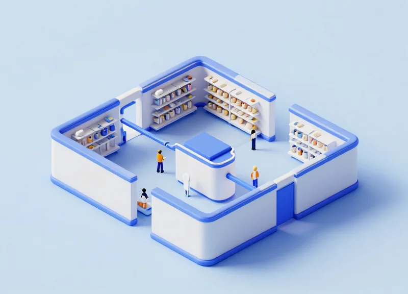 Isometric 3D model of a retail store layout showing a network of invisible security sensors.