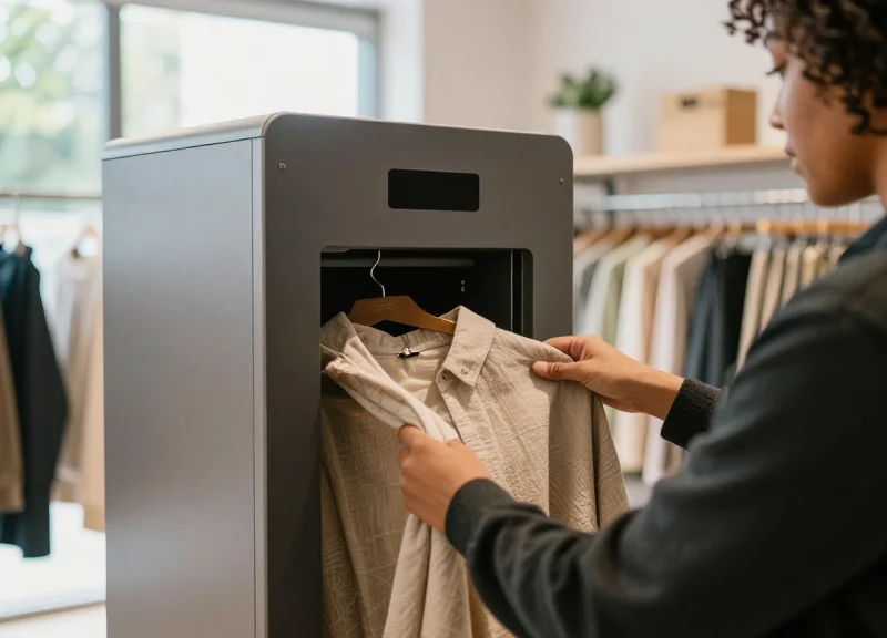 A customer using a sleek automated buy-back kiosk for recycling high-end apparel.