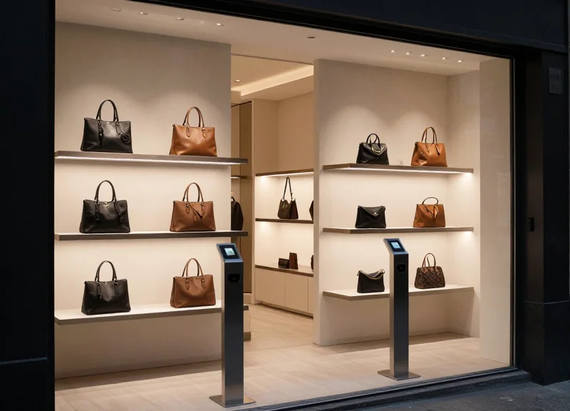 A modern luxury pop-up boutique interior with high-end fashion displays and sleek security sensors integrated into the entrance.