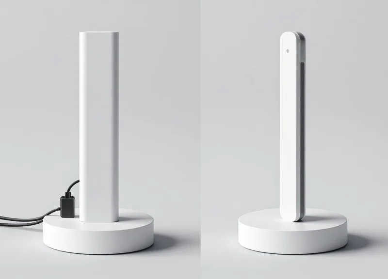 A side-by-side comparison of a traditional wired security pedestal versus a modern wireless rapid-deployment EAS unit.