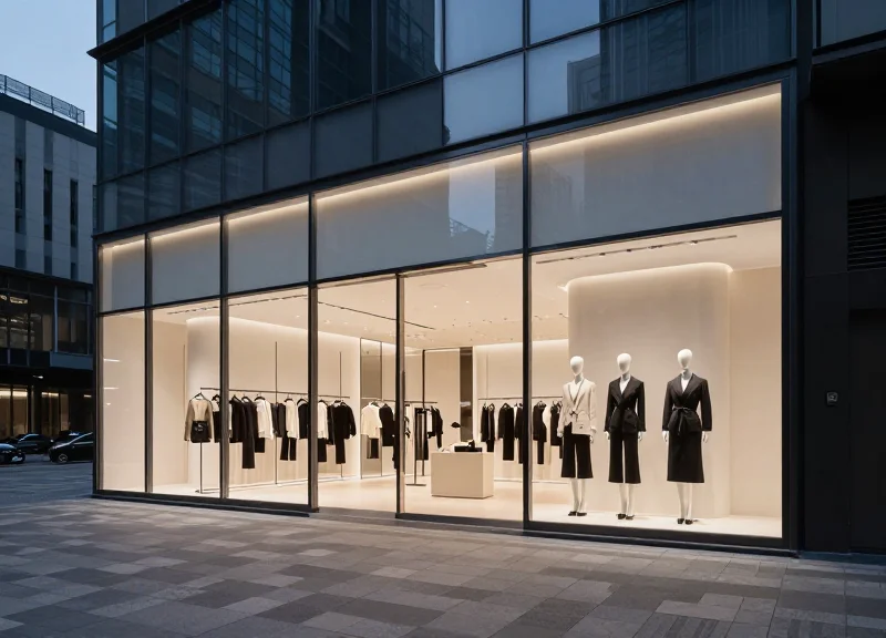 Modern luxury pop-up store exterior in a high-end shopping district