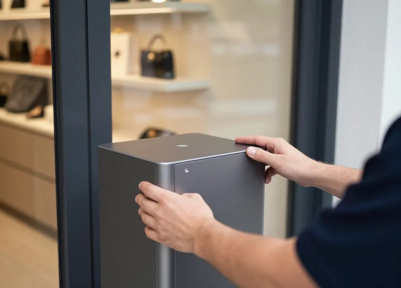 Technician setting up a security pedestal in a high-end fashion boutique