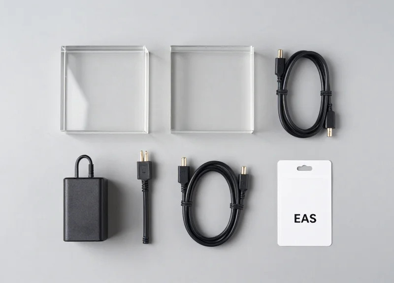 Top-down view of an EAS security system kit with pedestals, cables, and tags neatly organized on a flat surface.