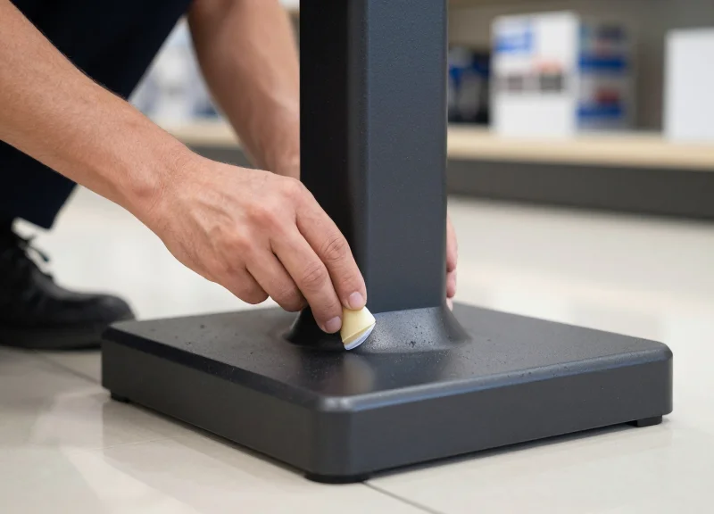 Close-up of hands installing a security pedestal using an adhesive mounting base without drilling.