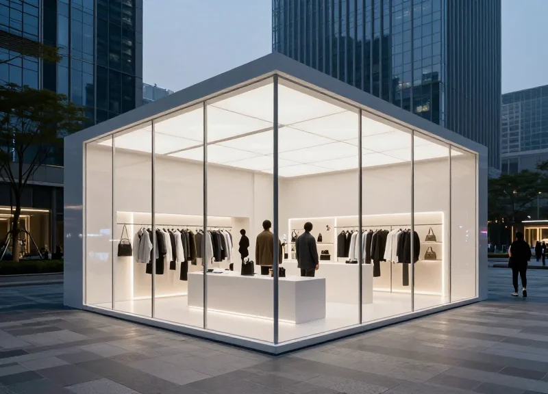 A modern and futuristic pop-up retail store in a city plaza at twilight with cinematic lighting.