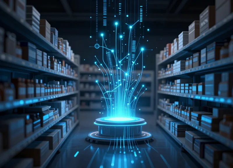 Abstract digital data stream showing real-time inventory tracking for retail.