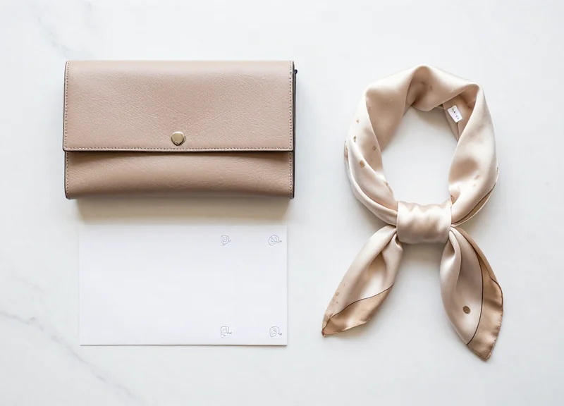 Flat lay of luxury accessories with elegant security tags on a marble surface.