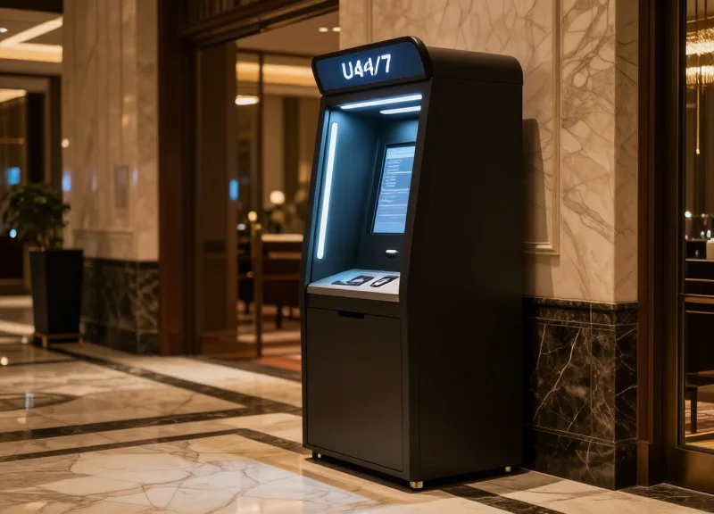 A modern unattended hotel kiosk in a high-end lobby during evening hours.