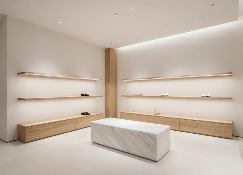 Minimalist luxury boutique interior with clean architectural lines and hidden security systems.